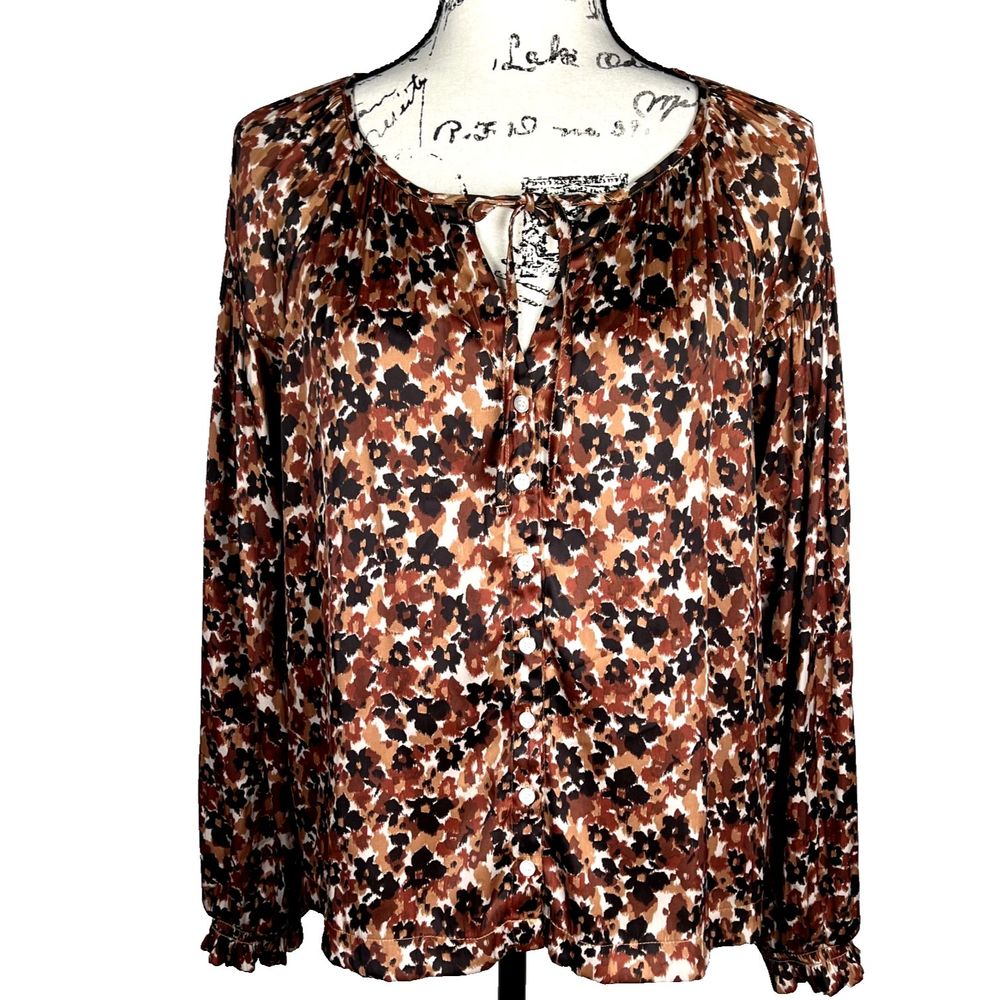 Gap Sz M Long Sleeve Button Down Blouse Tie Neck Brown Print Elastic Wrist - Picture 2 of 13
